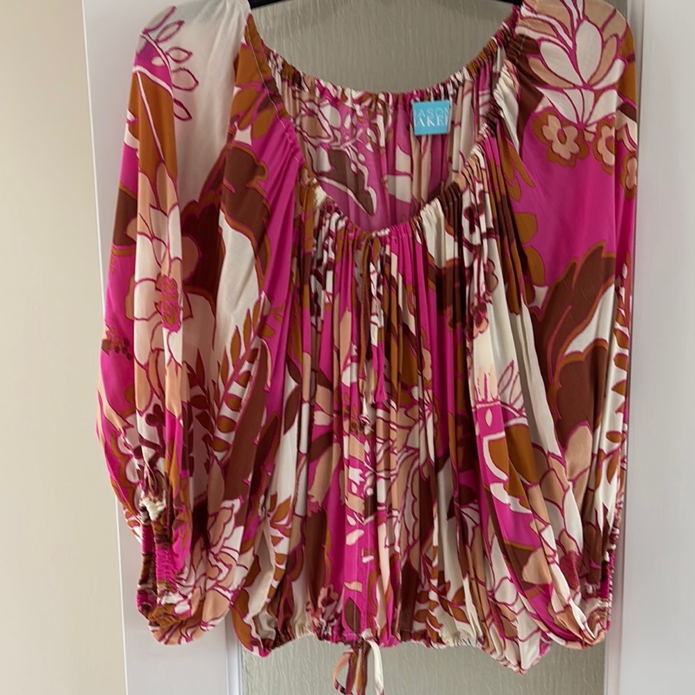 Mason Baker Pink and Brown Blouse with Ruched Tie Front and Bishop Sleeves